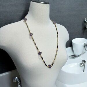 Boho Statement‎ Necklace Purple Beads Tribal Inspired Gold-Tone Retro Festival